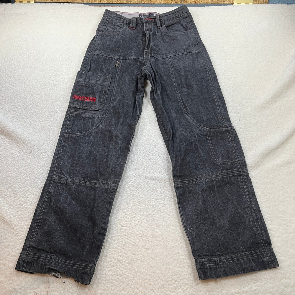 Phat Farm Jeans Mens 30 Black Baggy‎ Carpenter Y2K Streetwear Embroidered Denim